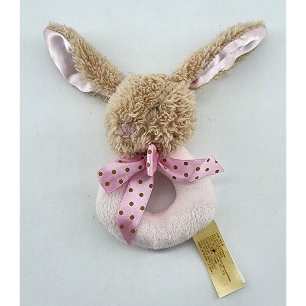 Dan Dee Pink Bunny Rabbit Rattle Plush Circle Handheld Polka Dot Ribbon Bow